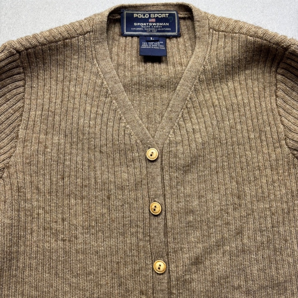 Polo Sport Cardigan Women Large Tan Brown Wool Yak Hair Ribbed V-Neck Button Up